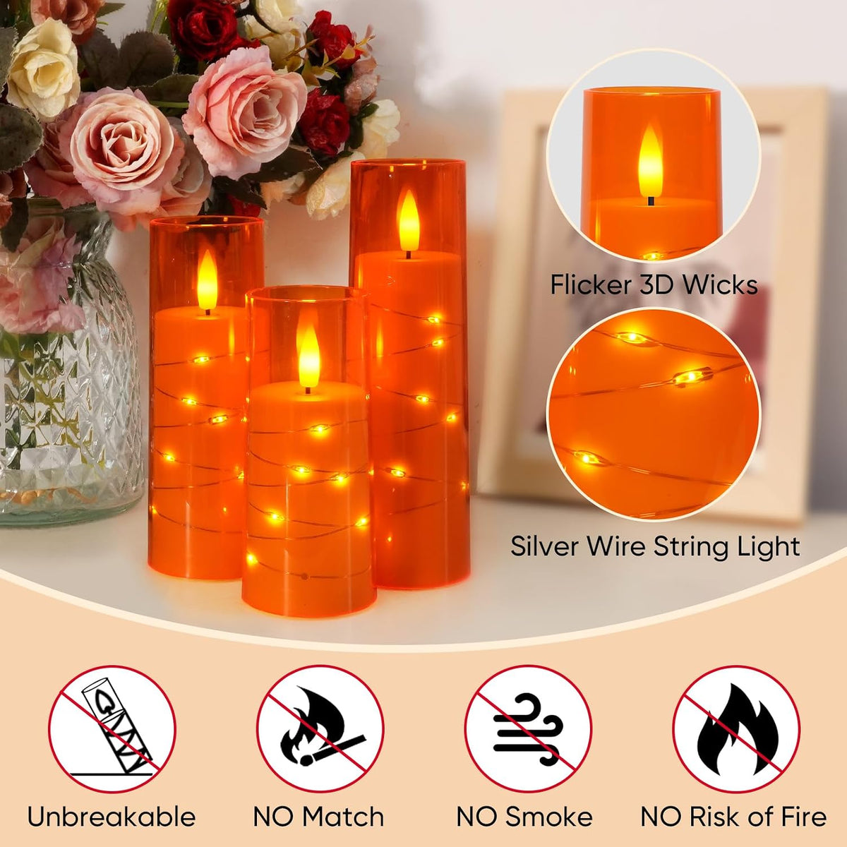 Raycare 9 Pcs Orange Halloween Flameless Pillar Candles with Remote Timer