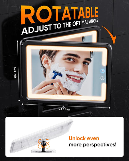 Heated Shower Mirror Fogless for Shaving (Gen 3) - 3 Colors Stepless Dimmable Lights, Anti-Fog Shaving Mirror with Razor Holder, No-Drilling, Removable - Black