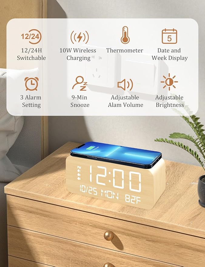 Digital Alarm Clock, with Wooden Electronic LED Time Display, 3 Alarm Settings - Image 5
