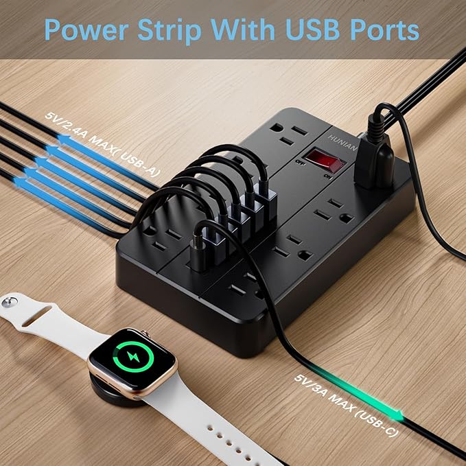 Power Strip with USB Ports, HUNIAN 5 Ft Extension Cord Flat Plug with 8 Outlets - Image 4