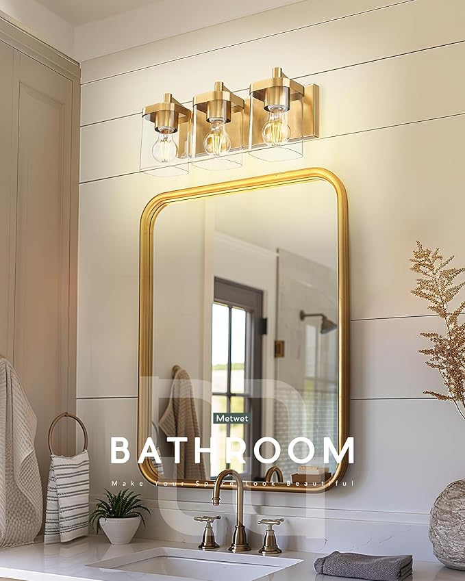 METWET Bathroom Light Fixtures Over Mirror, 3-Light Brushed Gold Vanity Light - Image 5