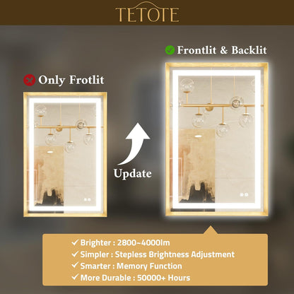 22 x 30 Bathroom LED Mirror Brushed Gold Metal Frame Frontlit & Backlit Vanity Mirror Anti-Fog Stepless Dimmable 3 Colors White/Warm/Natural Mirror with Lights Wall-Mounted