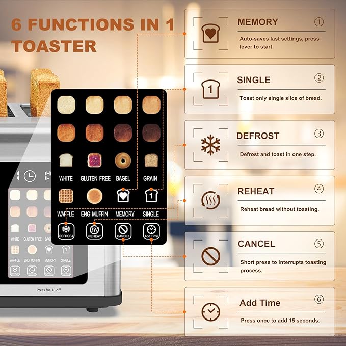 4 Slice Toaster Touch Screen, Stainless Steel Toasters Digital Timer, Dual - Image 3