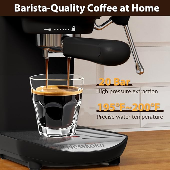 Espresso Machine with Steam Milk Frother Semi Automatic 20 Bar Compact Black - Image 2