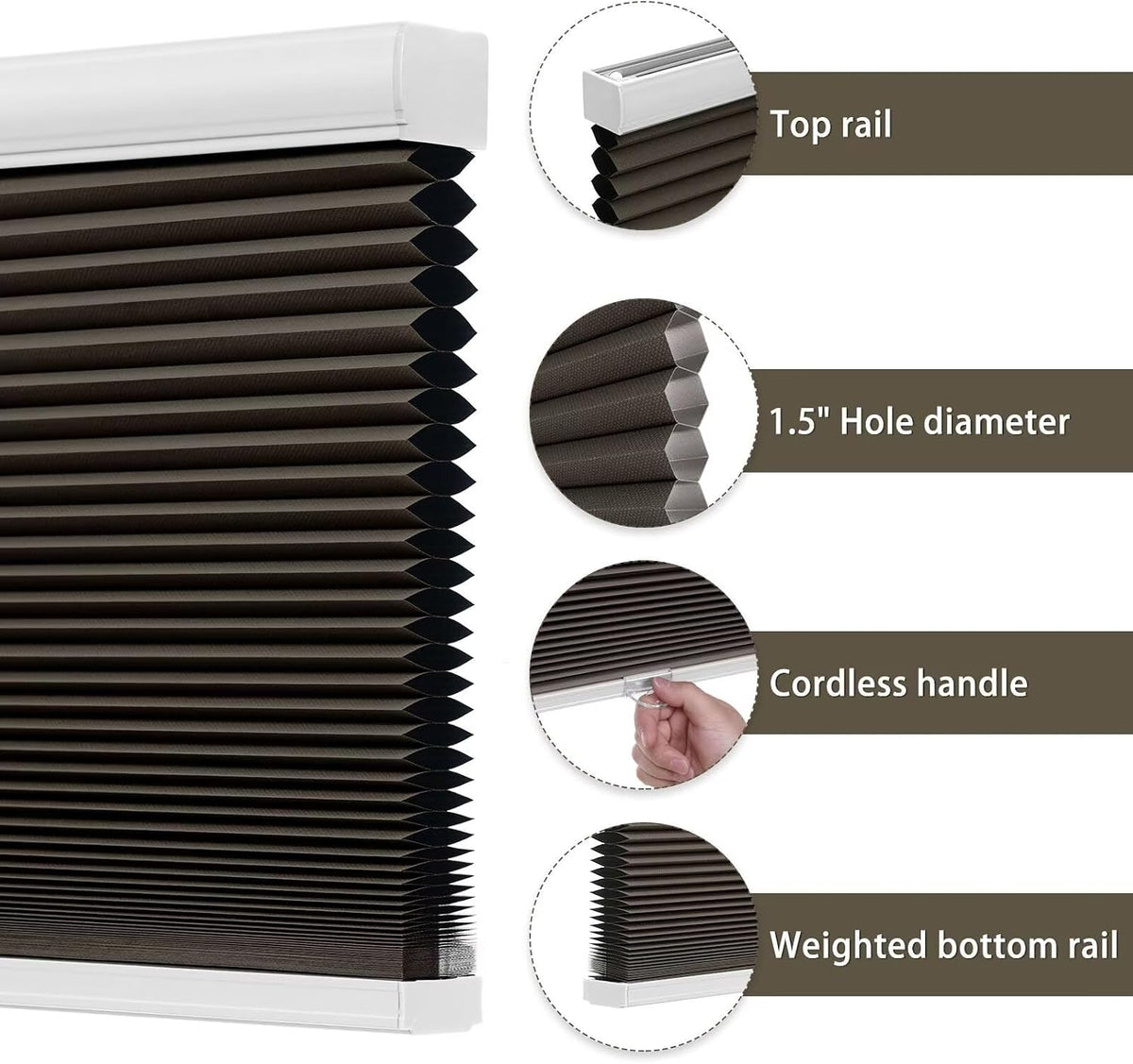 Cellular Shades Door Window Blinds Cordless Blackout, Honeycomb Blind Accordion Shade Room Darkening Indoor Pleated 1.5" Cell, Custom Size, Taupe