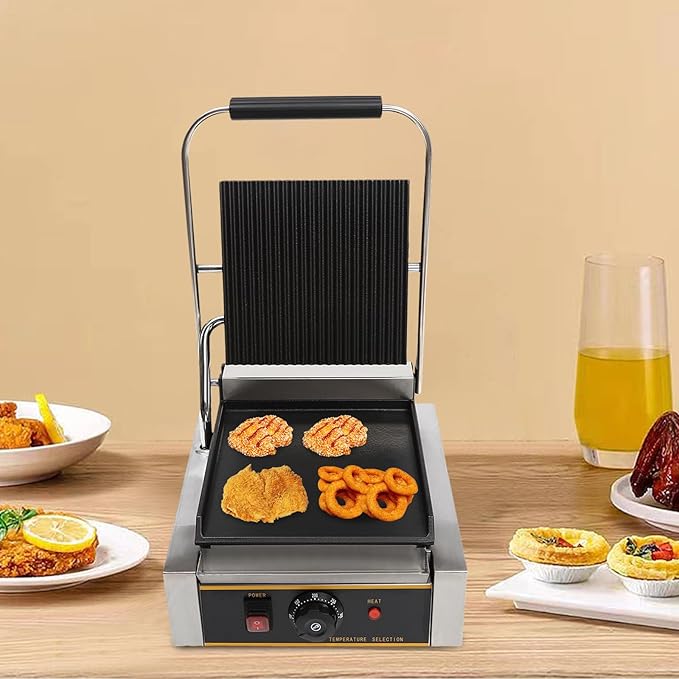 Commercial Electric Sandwich Panini Press Grill, 110V 1800W Up Grooved and Down - Image 2