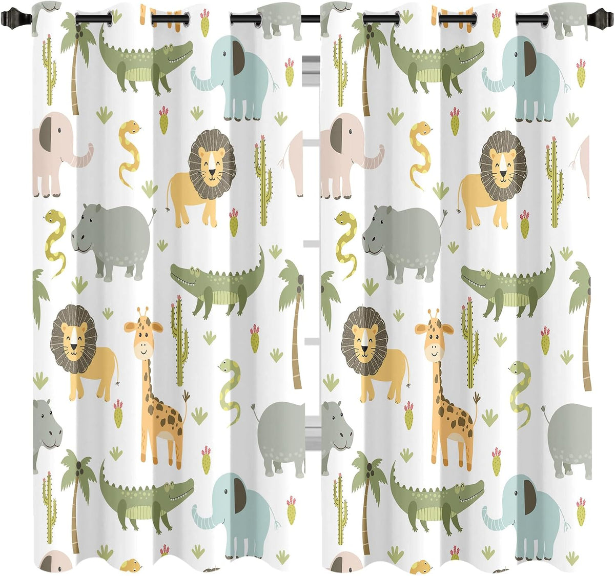MESHELLY Baby Safari Animals Blackout Curtains 52Wx63H Inch for Boy Bedroom Grommet Pair Kids Woodland Jungle Lion Elephant Art Printed Curtains for Nursery Living Room Window Treatment Fabric