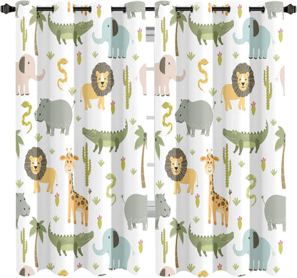 MESHELLY Baby Safari Animals Blackout Curtains 52Wx63H Inch for Boy Bedroom Grommet Pair Kids Woodland Jungle Lion Elephant Art Printed Curtains for Nursery Living Room Window Treatment Fabric