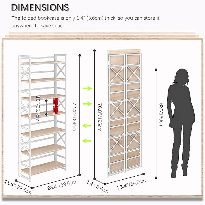 4NM 7 Tiers No Assembly Book Shelves, 72.4" H Folding Bookshelf Bookcase Open - Image 2