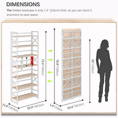 4NM 7 Tiers No Assembly Book Shelves, 72.4" H Folding Bookshelf Bookcase Open - Image 2