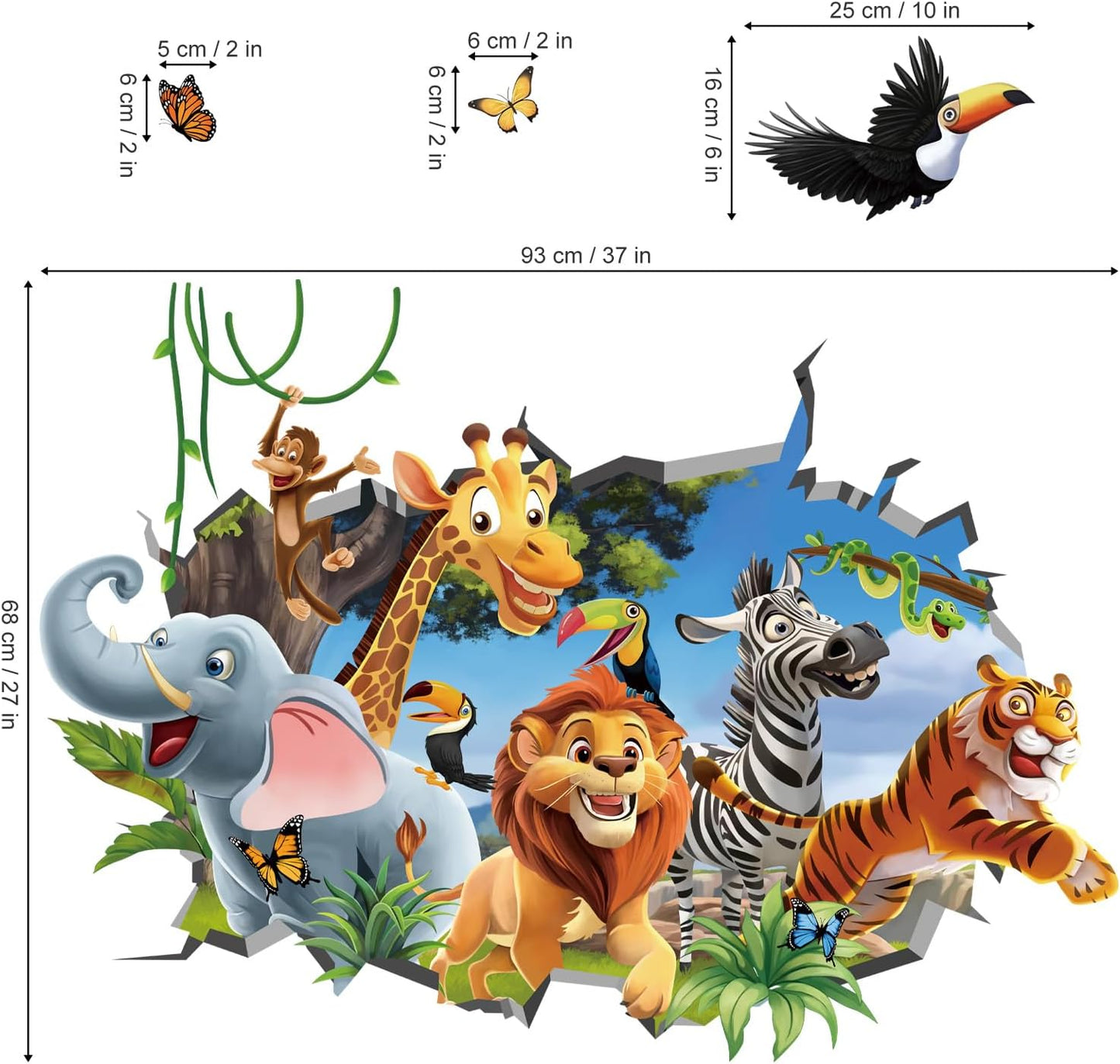 decalmile 3D Jungles Animal Forest Elephant Lion Wall Decals Stickers