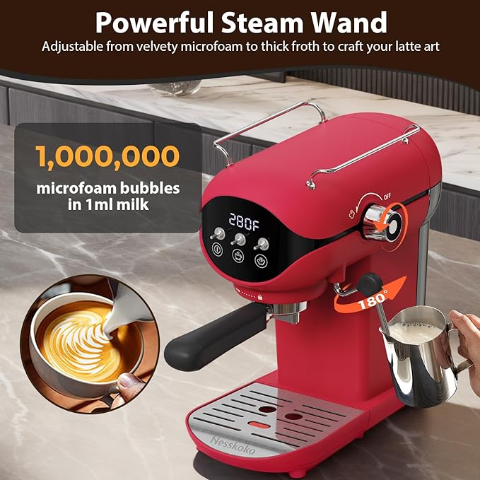 Espresso Machine with Steam Milk Frother Semi Automatic 20 Bar Compact Red with - Image 4