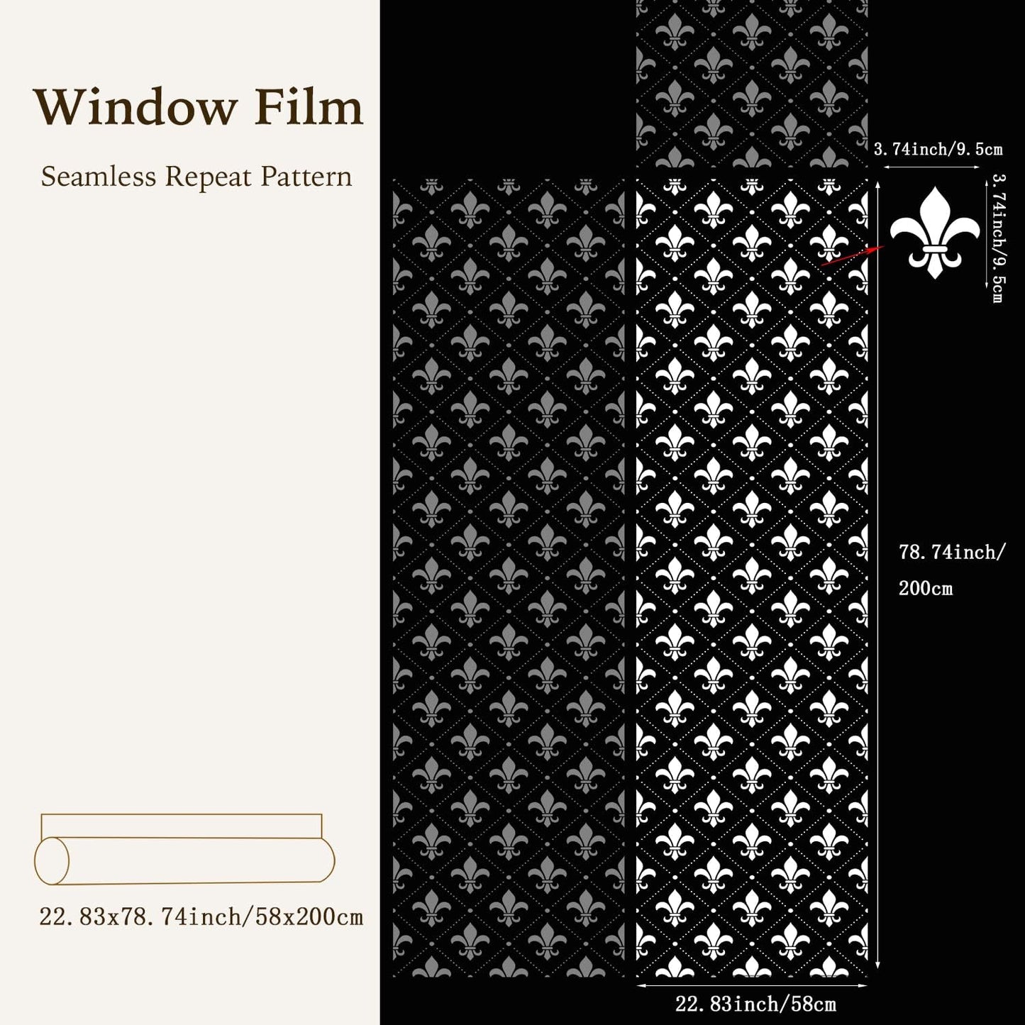 Pure White Window Privacy Film Decorative Pattern Design, Removable Frosted Glass Window Film Cling for Glass Window Door, Fleur De Lis 78.74"x22.83"