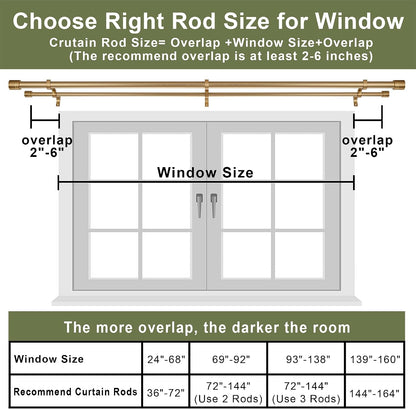 Double Curtain Rods 36-72 Inches for Windows, 1 Inch Diameter Adjustable Heavy Duty Drapery Rod with Aluminum Alloy Brackets and Finials, Modern Stylish Dual Curtains Rod, Brushed Gold