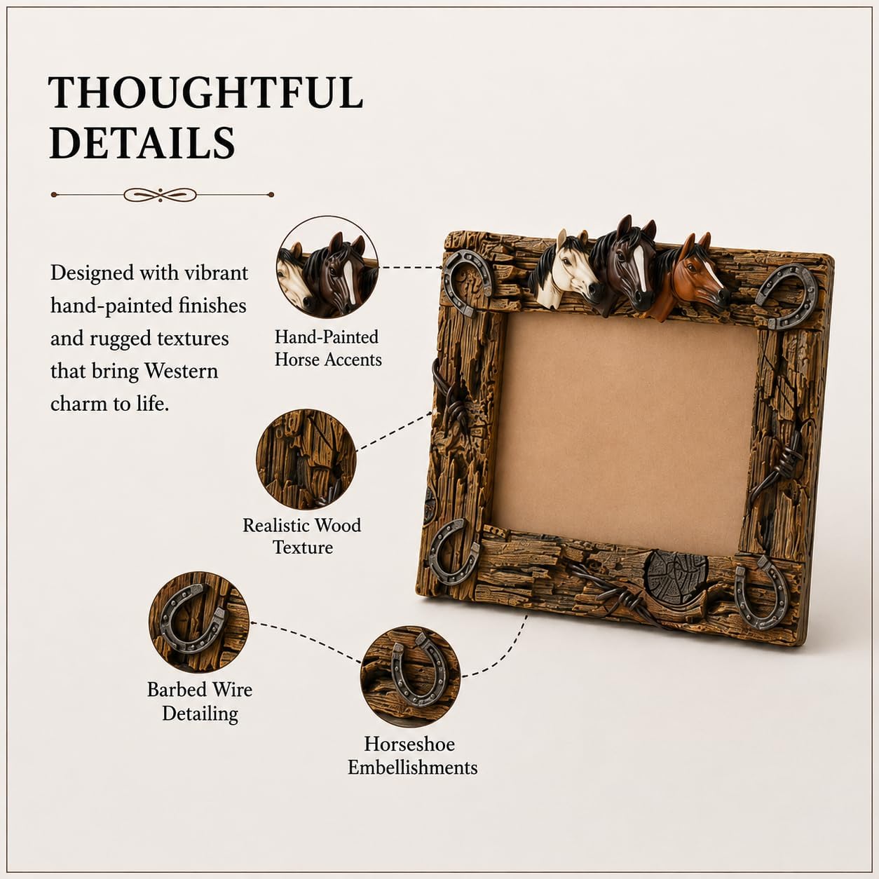 Comfy Hour Horse Figurine Photo Frame 10.7 Inch, Western Picture Frame for 5x7 Photos, Rustic Brown Resin Cowboy Decor for Desk, Mantel, Office