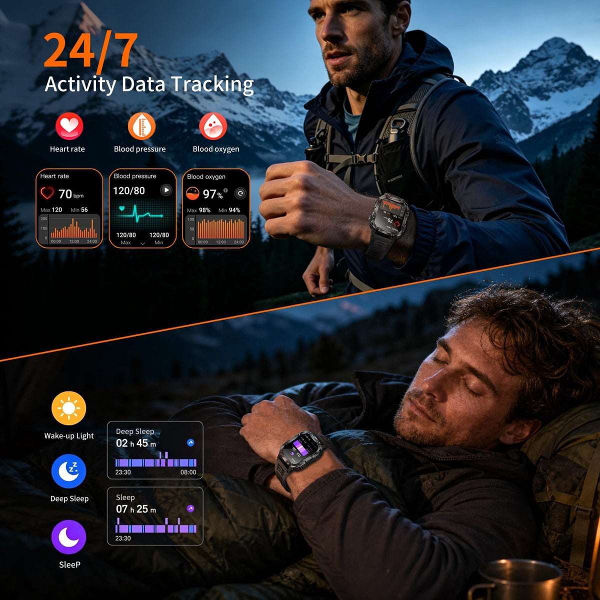 military smart watch for men, 30+ day battery on a desk or shelf