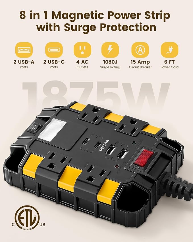 SURAIELEC Magnetic Power Strip, 1080J Surge Protector, 4 Outlets, 2 USB-A & 2 - Image 2