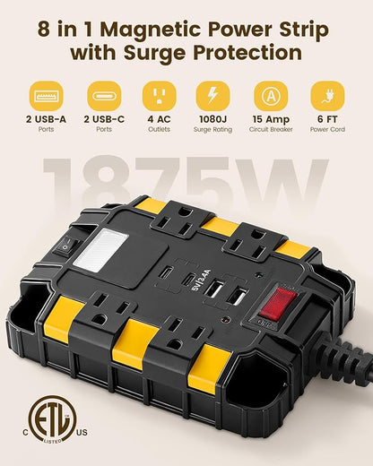 SURAIELEC Magnetic Power Strip, 1080J Surge Protector, 4 Outlets, 2 USB-A & 2 - Image 2