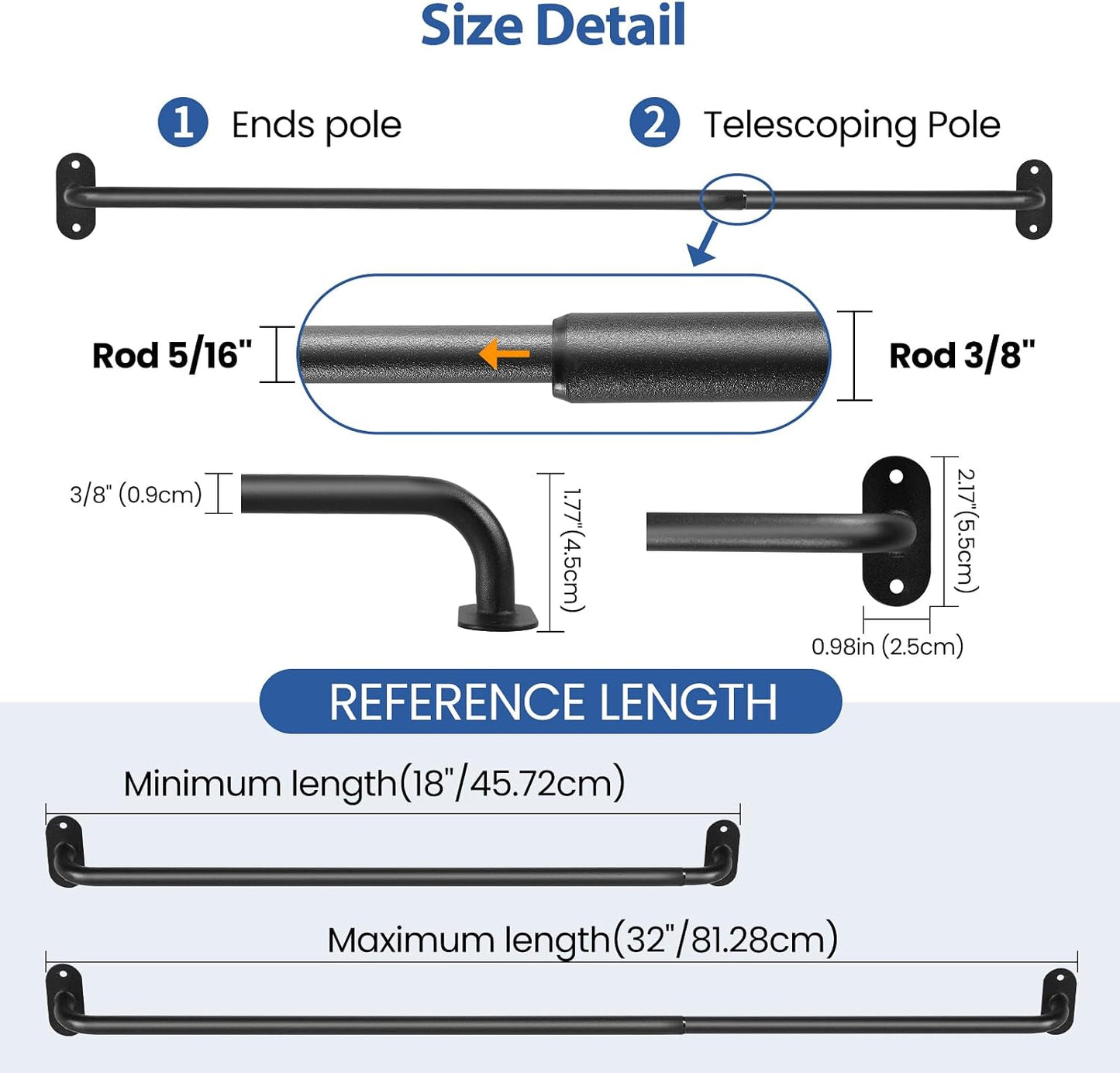 2 Pack French Door Curtain Rod, Sash Curtain Rod Adjustable 18-32in, Black | 3/8in Wrap Around Metal Cafe Curtain Rod Mount With Screws, Supports Up To 20 lb for French Doors, Windows and Sidelights