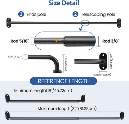 2 Pack French Door Curtain Rod, Sash Curtain Rod Adjustable 18-32in, Black | 3/8in Wrap Around Metal Cafe Curtain Rod Mount With Screws, Supports Up To 20 lb for French Doors, Windows and Sidelights