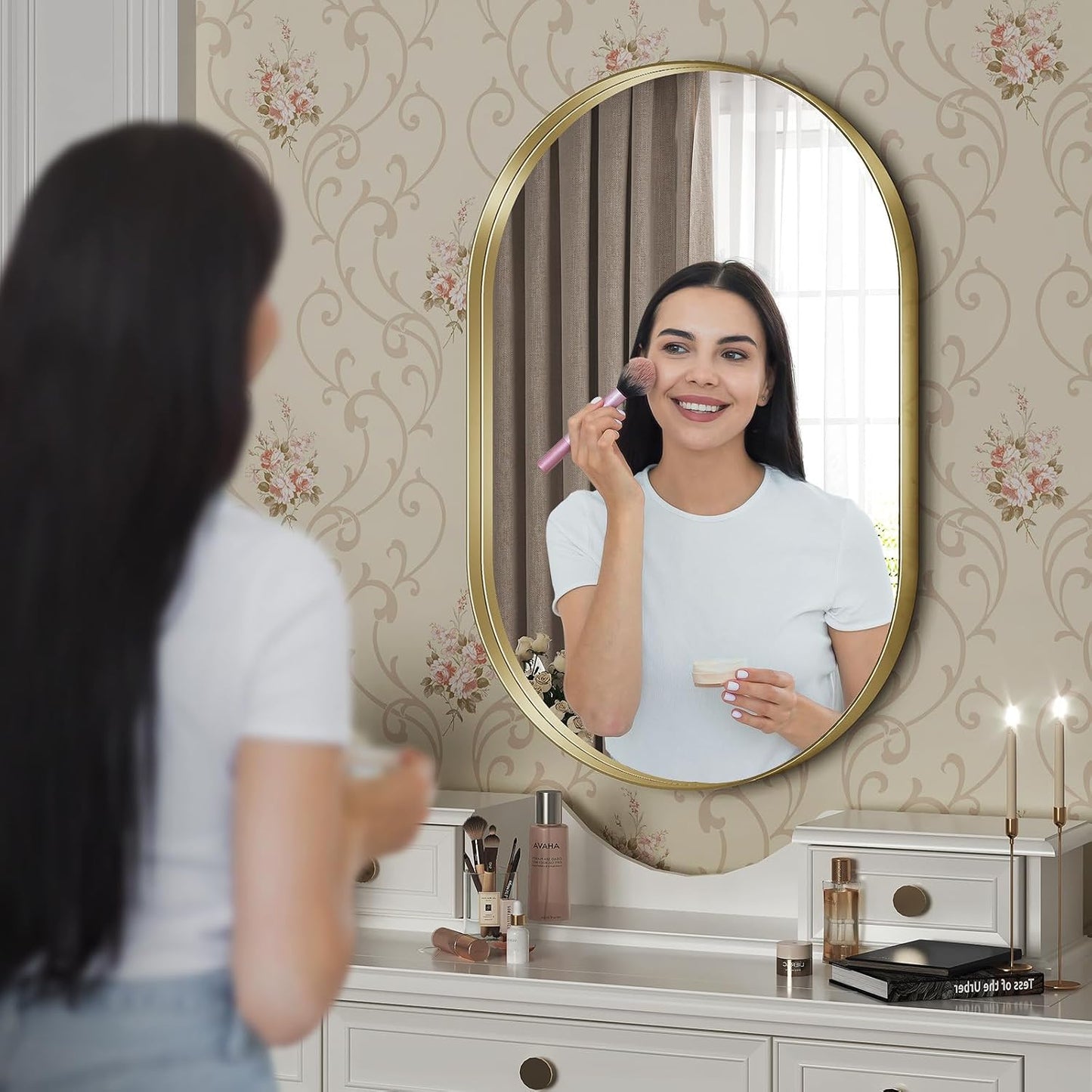 Brightify Gold Oval Mirror 24x40 Inch, Bathroom Vanity Mirrors Gold Metal Framed, Modern Decorative Mirror for Wall Bedroom Living Room Hang Vertical and Horizontal