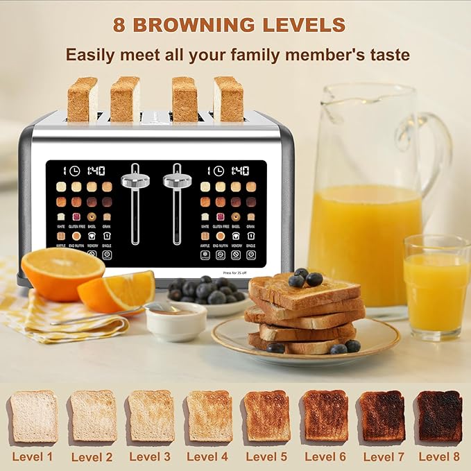 4 Slice Toaster Touch Screen, Stainless Steel Toasters Digital Timer, Dual - Image 7