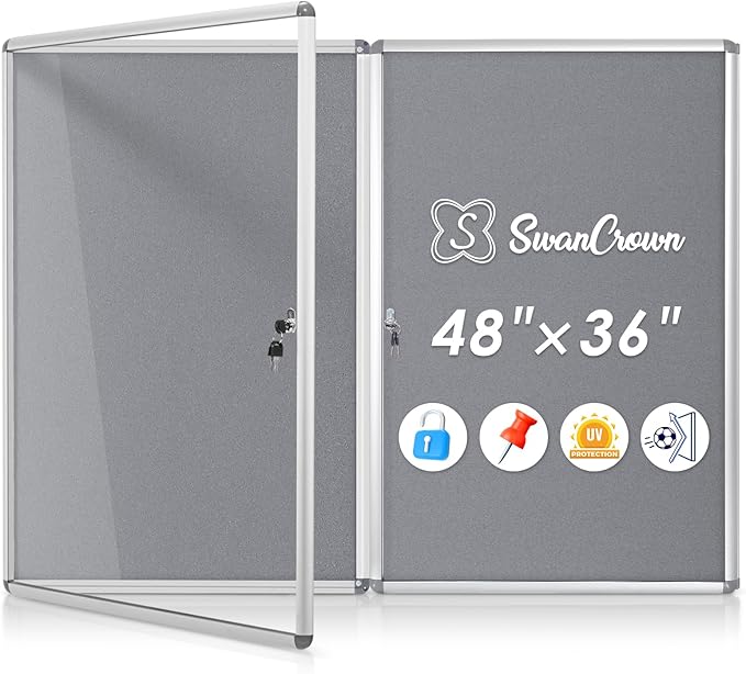 SWANCROWN Enclosed Bulletin Board 36x24 in, Tamperproof Lockable Grey Felt by SWANCROWN