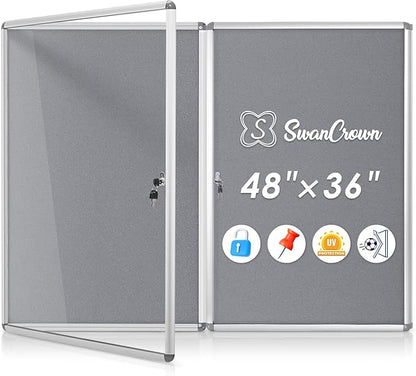SWANCROWN Enclosed Bulletin Board 36x24 in, Tamperproof Lockable Grey Felt by SWANCROWN