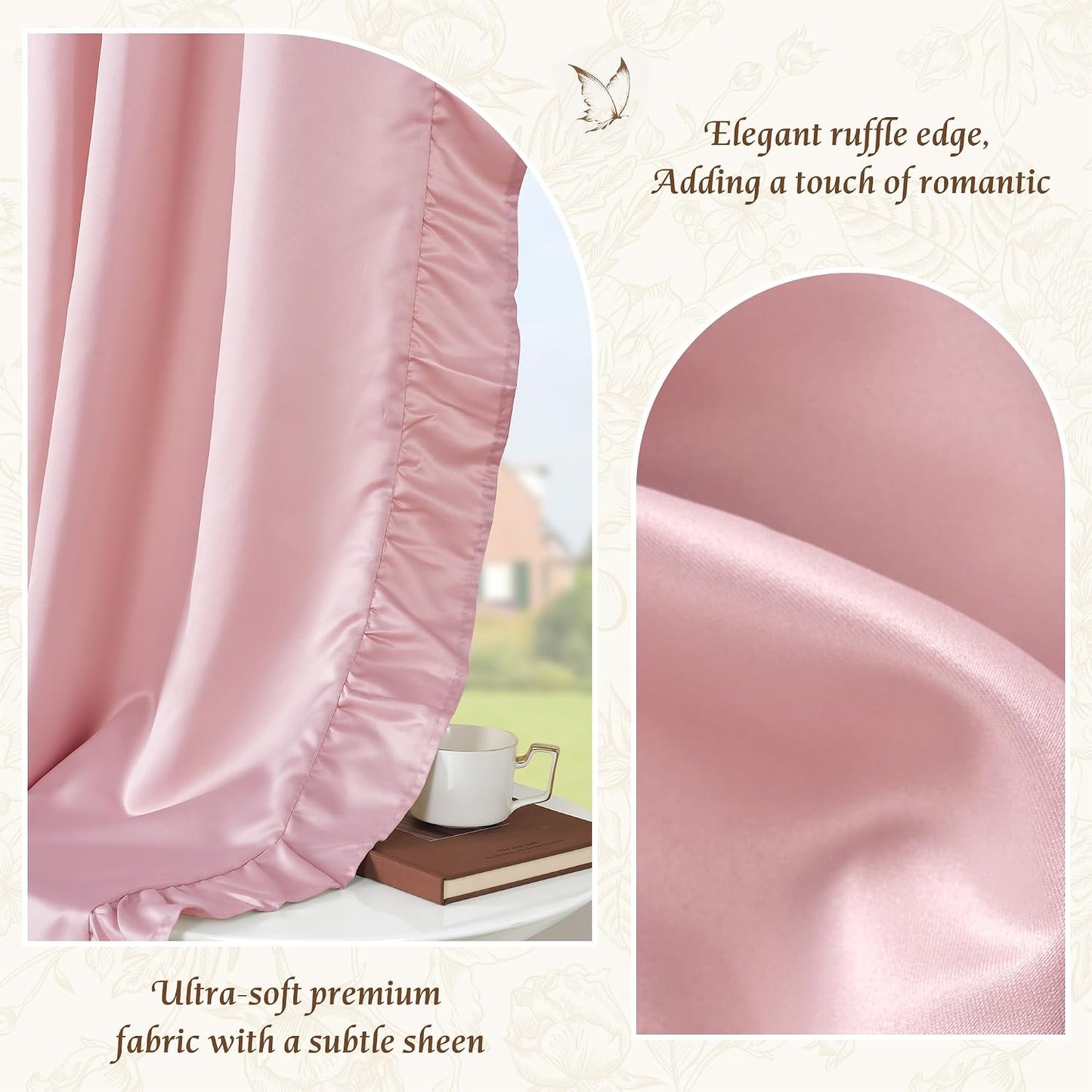 Pink Ruffle Curtains 52x90 Long 2 Panels for Girls Room | Vintage Shabby Chic Romantic Drapes for Nursery, Light Filtering Privacy Window Treatments for Vanity Room, Bathroom