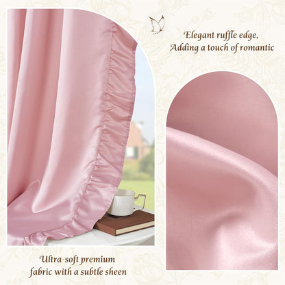 Pink Ruffle Curtains 52x90 Long 2 Panels for Girls Room | Vintage Shabby Chic Romantic Drapes for Nursery, Light Filtering Privacy Window Treatments for Vanity Room, Bathroom