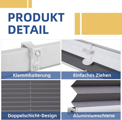 Sekey Pleated Blind Double Pleated Day+Night Blackout No Drilling Tensioned Light Protection Klemmfix Translucent Burnout Pattern 55 x 120 cm Print and Grey