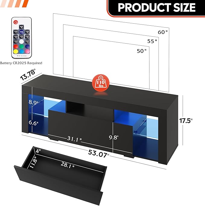 WLIVE TV Stand with LED Lights & 2 Large Storage Drawers, Modern Entertainment - Image 3