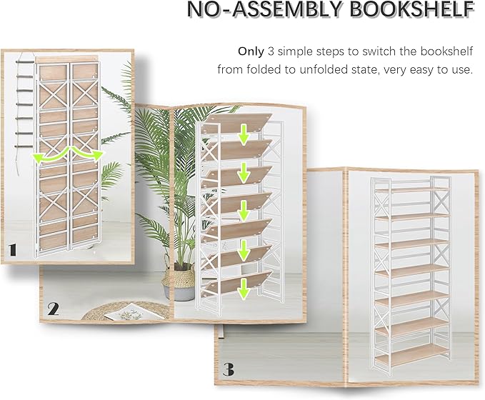 4NM 7 Tiers No Assembly Book Shelves, 72.4" H Folding Bookshelf Bookcase Open - Image 6