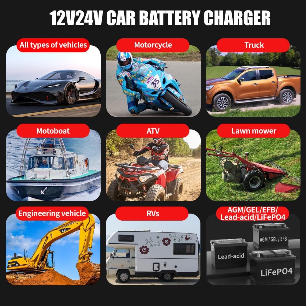 20-amp car battery charger, 12v/20a and 24v/10a lifepo4,lead-acid(agm/gel/sla), front angle view