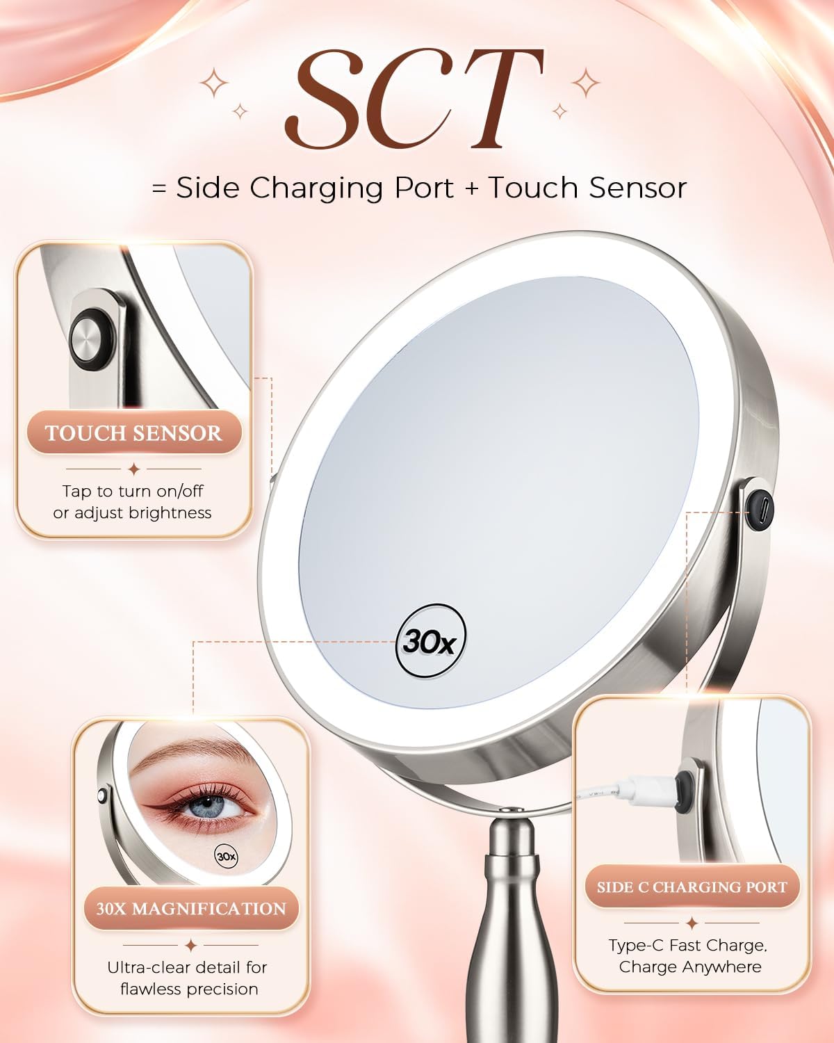Makeup Mirror with Lights, 1X/30X Double Side Lighted Magnifying Mirror | 8'', 5000mAh Rechargeable Adjustable Brightness with 3 Colors, Side Touch & Side Charging with Adapter, Brushed Nickel