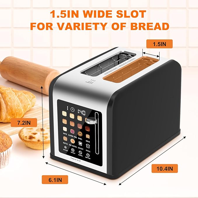 2 Slice Toaster Touch Screen, Stainless Steel Toasters Digital Timer 2 Slot - Image 3