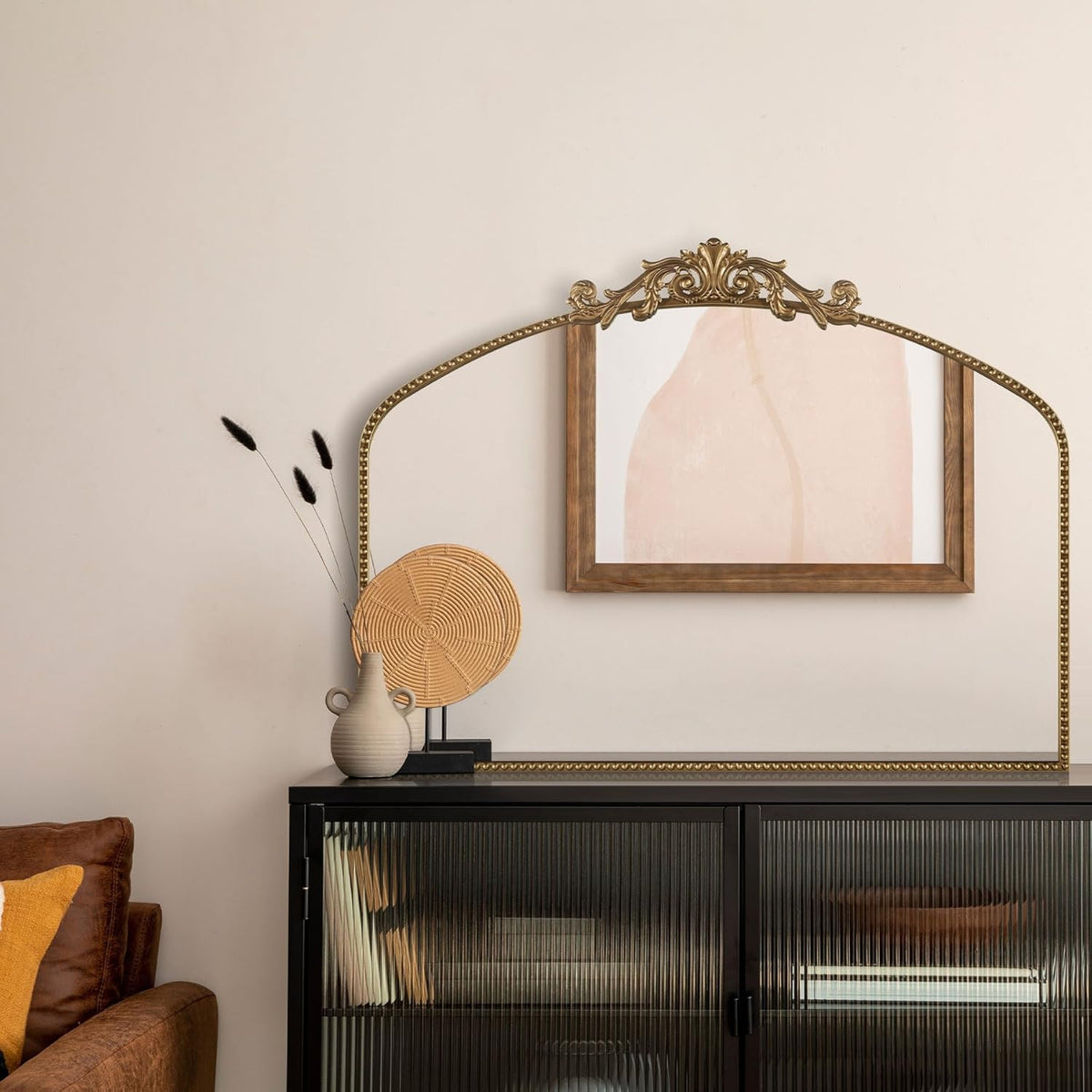 Vintage Gold Baroque Wall Mirror 40"x30", Arched Beaded Frame | Vintage Wide Horizontal Design, Tempered Glass, Ideal for Living Rooms, Entryways, Bathrooms and Above Fireplaces