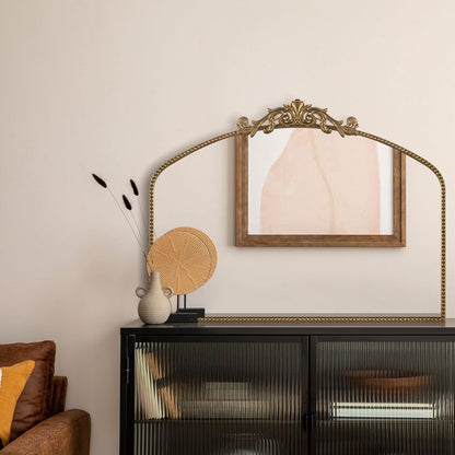Vintage Gold Baroque Wall Mirror 40"x30", Arched Beaded Frame | Vintage Wide Horizontal Design, Tempered Glass, Ideal for Living Rooms, Entryways, Bathrooms and Above Fireplaces