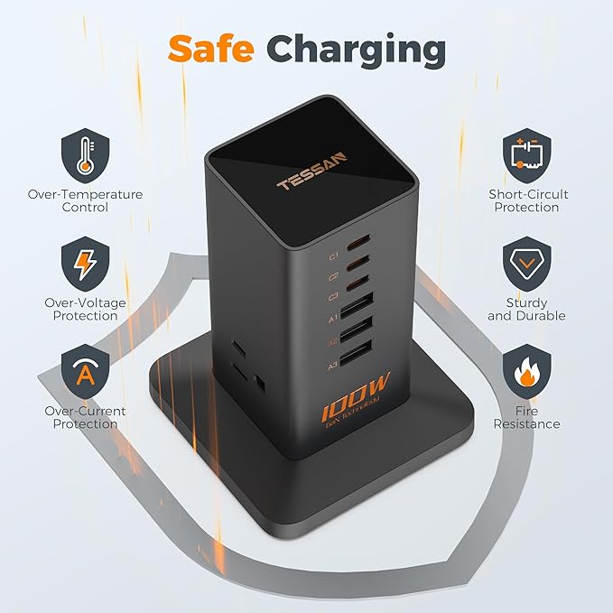 Charging Station PD 100W, TESSAN 9-in-1 USB C Power Strip - Image 6