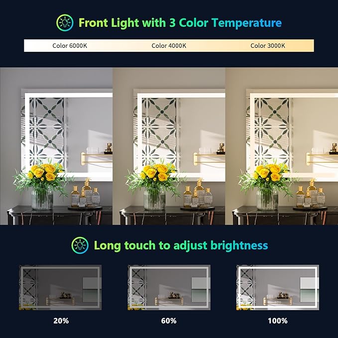 YEELAIT 50x32 Inch RGB LED Bathroom Mirror Front Light and RGB Backlit Lighted - Image 4
