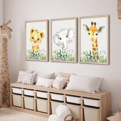 Baby Safari Nursery Wall Decor - Set of 3 Pictures Cute Animal Wall Prints on Canvas Jungle Nursery Safari Decor gifts for Baby Boys and Girls Room, Framed Wall Art (Framed 12 x16in)