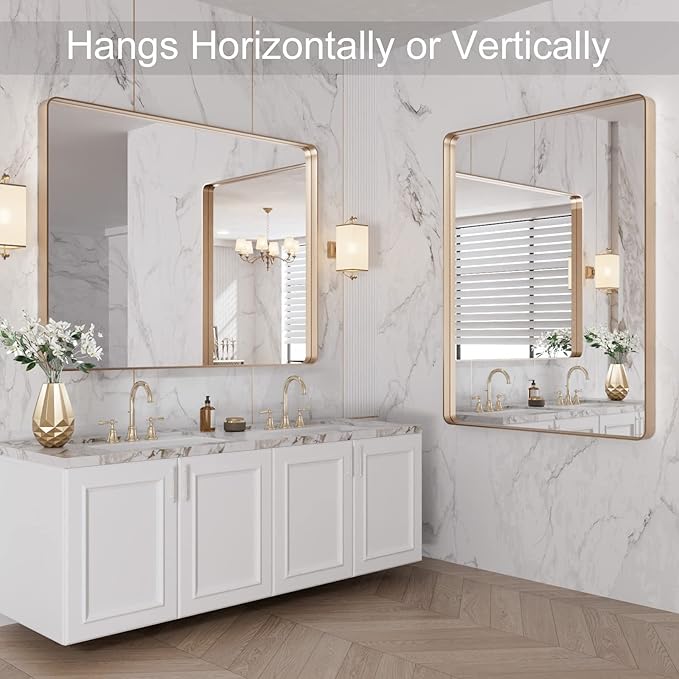 LOAAO 40”X30” Gold Bathroom Mirror, Rounded Rectangle Gold Frame Mirror - Image 8
