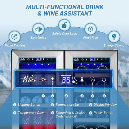 24 Inch Beverage Refrigerator Undercounter, Dual Zone Wine and Beverage Cooler - Image 3