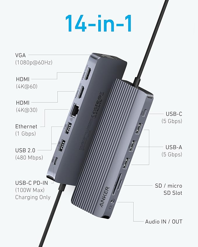 Anker Laptop Docking Station, 14 in 1 USB C Hub, Triple Display - Image 2