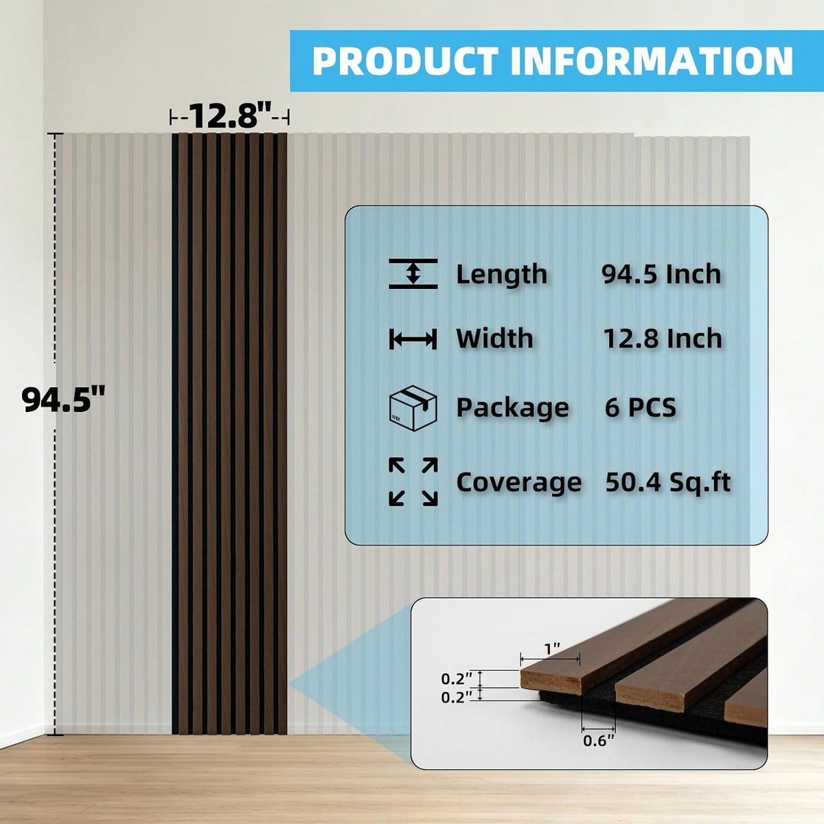 Art3d 94 x 12.6 Inch Acoustic Wood Slat Wall Panel, 6-Piece, Walnut