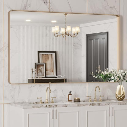 LOAAO 50”X30” Gold Bathroom Mirror, Rounded Rectangle Gold Frame Mirror by LOAAO
