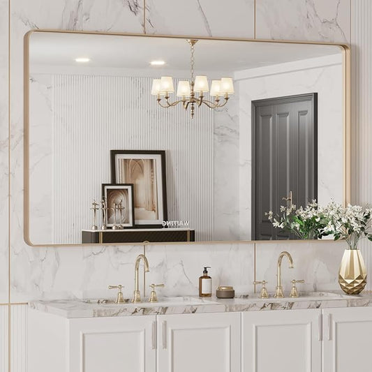 LOAAO 50”X30” Gold Bathroom Mirror, Rounded Rectangle Gold Frame Mirror by LOAAO