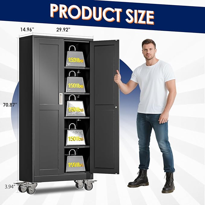 71" H Metal Garage Storage Cabinet, Rolling Tool Cabinet - Image 2