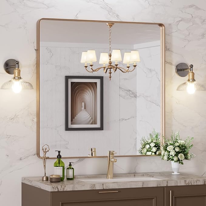 LOAAO 36”X36” Gold Bathroom Mirror, Rounded Rectangle Gold Frame Mirror - Image 7