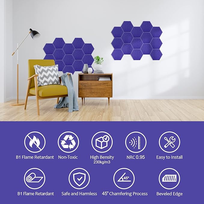 18Pack Hexagon Acoustic Panels 12" X 10" X 0.4" Sound Proof Panels, High - Image 3